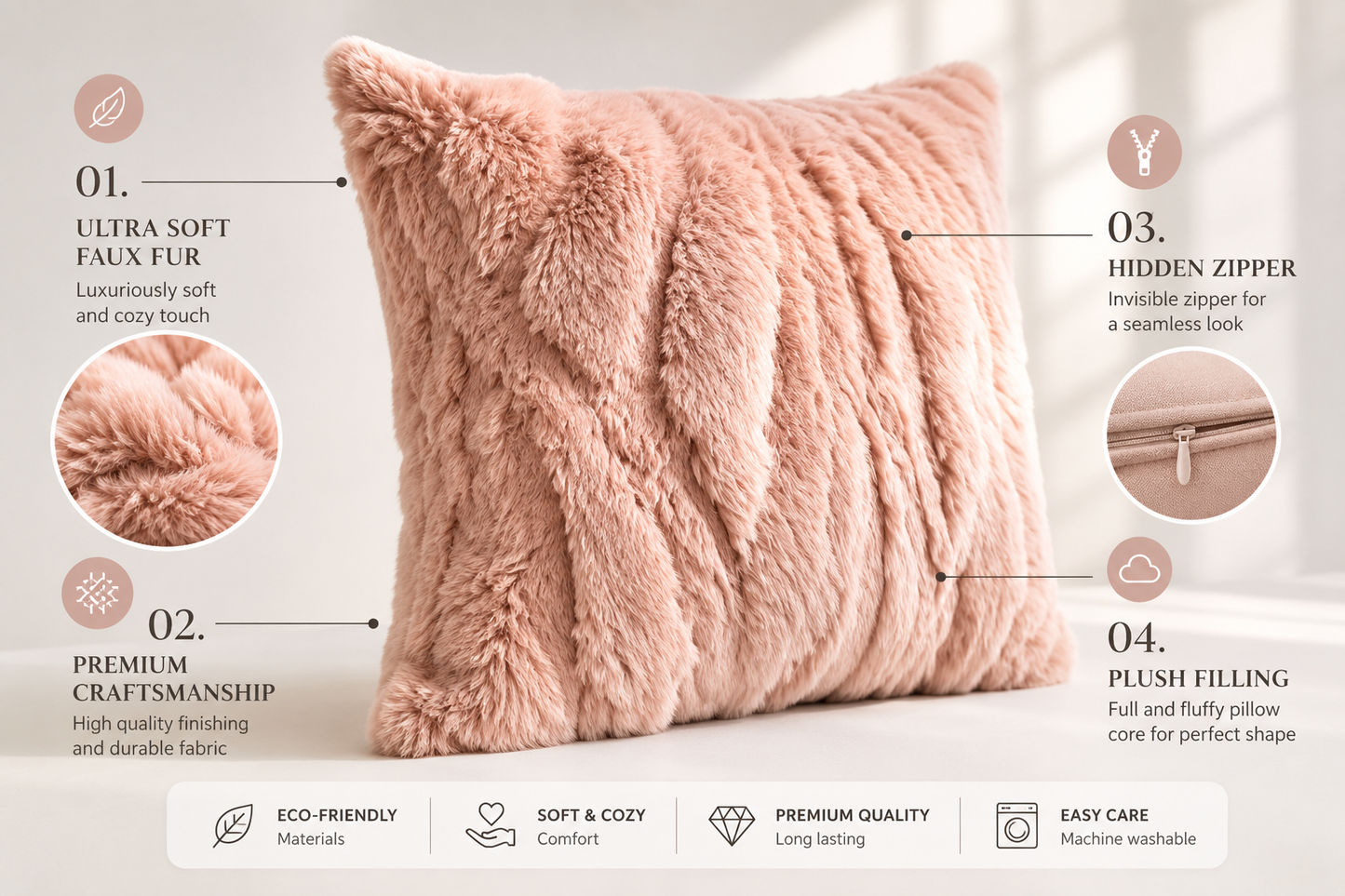 Blush Faux Fur Pillow Cover 45x45